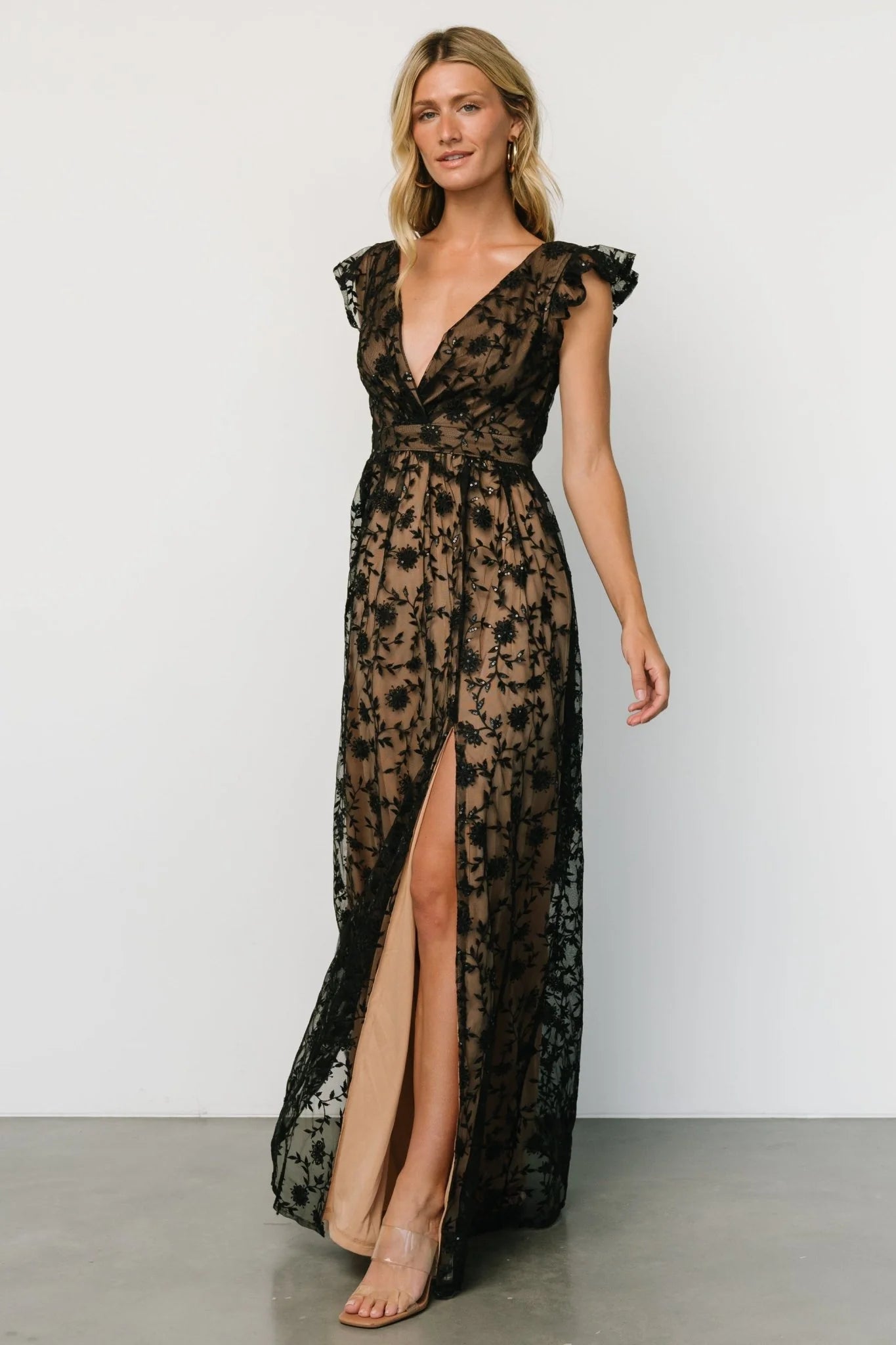 Alexa Embroidered Sequin Maxi Dress | Black + Nude
