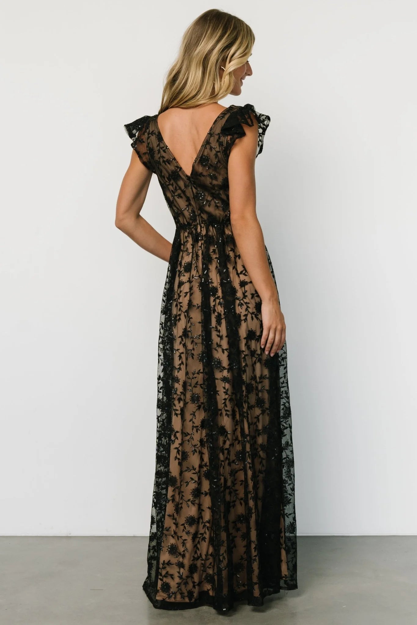 Alexa Embroidered Sequin Maxi Dress | Black + Nude